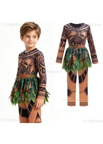 Boys Maui Cosplay Costume Birthday Gift Children's Movie Moana Same primitive tribe Tattoo Print Suit Top And Pants 2Pcs Sets
