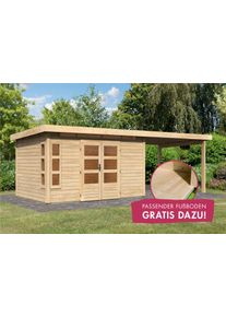 Gartenhaus Karibu "Kolimasee 7", beige (naturbelassen), Holzwerkstoff, Gartenh&auml;user, Gartenhaus, mit Anbaudach 3,2 m, naturbelassen