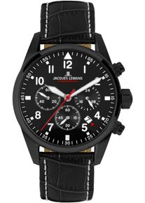 Chronograph Jacques Lemans "Barcelona", schwarz, Armbanduhren, Damen, Chronograph, Quarzuhr, Armbanduhr, Herrenuhr, Lederarmband, Stoppfunktion, Datum