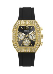 Multifunktionsuhr Guess "PHOENIX QUANTUM", schwarz, goldfarben, Armbanduhren, Damen, Multifunktionsuhr, Quarzuhr, Armbanduhr, Herrenuhr, Silikonarmband, analog, Wochentag