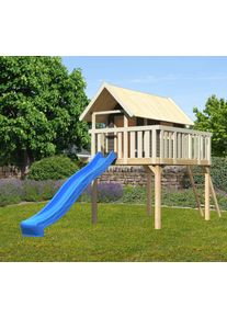 Spielturm Akubi "Fidel", grau (terragrau), Spielt&uuml;rme, KinderB:198cm H:329,5cm T:243cm, Holzwerkstoff, Spielturm, BxTxH: 198x243x330 cm, mit Rutsche in blau, B:198cm H:329,5cm T:243cm