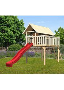 Spielturm Akubi "Fidel", grau (terragrau), Spielt&uuml;rme, KinderB:198cm H:329,5cm T:243cm, Holzwerkstoff, Spielturm, BxTxH: 198x243x330 cm, terragrau mit Rrutsche in rot, B:198cm H:329,5cm T:243cm