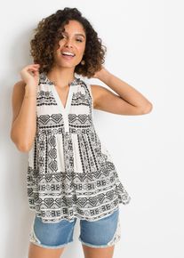 Blusentop bonprix, Damen, Gr. 42, schwarz, wollwei&szlig; bedruckt, Web, Obermaterial: 100% Viskose, bedruckt, ethno, A-Linie Po-bedeckend, Rundhals, Blusen Blusentop, A-Linien-Passform, mit Henleykragen, aus Viskose, &auml;rmellos