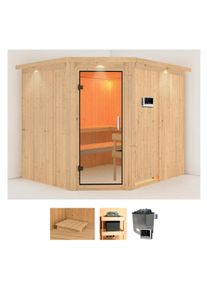 Sauna KARIBU "Marit", beige (naturbelassen), Saunaofen, externe Steuerung, 9 kW, Saunen, Sauna, Ofen 9 KW externe Strg easy