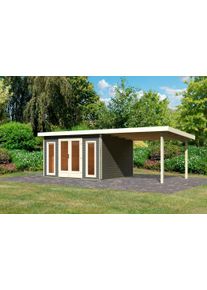 Gartenhaus Karibu "Rabensee 2", grau (terragrau), Holzwerkstoff, Gartenh&auml;user, Gartenhaus, mit Anbaudach 3,3 m, terragrau