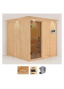 Sauna Karibu "Rodin", beige (naturbelassen), Bio-Kombiofen, externe Steuerung, 9 kW, Saunen, Sauna, Ofen 9 kW Bio externe Strg easy