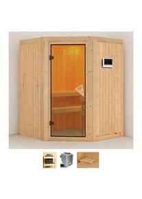 Sauna Karibu "Larin", beige (naturbelassen), Bio-Kombiofen, externe Steuerung, 9 kW, Saunen, Sauna, Ofen 9 kW Bio externe Strg easy