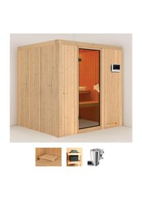 Sauna Karibu "Dima", beige (naturbelassen), Bio-Kombiofen, externe Steuerung, 3,6 kW, Saunen, Sauna, Ofen 3,6 kW Bio-Ofen externe Strg. easy
