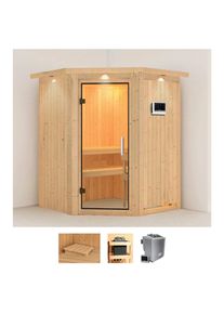 Sauna Karibu "Larin", beige (naturbelassen), Bio-Kombiofen, externe Steuerung, 9 kW, Saunen, Sauna, Ofen 9 kW Bio externe Strg easy