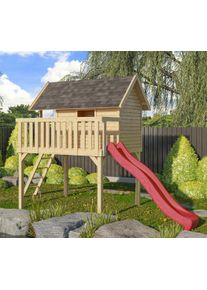 Spielturm Akubi "Fidel", beige (naturbelassen), Spielt&uuml;rme, KinderB:198cm H:329,5cm T:243cm, Holzwerkstoff, Spielturm, BxTxH: 198x243x329,5 cm, mit Rutsche in rot, B:198cm H:329,5cm T:243cm