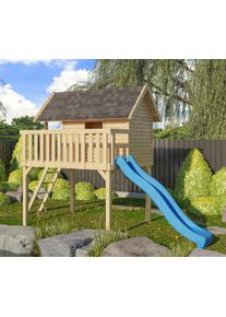 Spielturm Akubi "Fidel", beige (naturbelassen), Spielt&uuml;rme, KinderB:198cm H:329,5cm T:243cm, Holzwerkstoff, Spielturm, BxTxH: 198x243x329,5 cm, mit Rutsche in blau, B:198cm H:329,5cm T:243cm