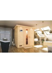 Sauna Karibu "Menja", beige (naturbelassen), Bio-Kombiofen, externe Steuerung, 9 kW, Saunen, Sauna, Ofen 9 kW Bio externe Strg easy