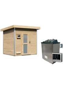 Saunahaus Karibu "Ralf", beige (naturbelassen), Saunaofen, externe Steuerung, 9 kW, Saunen, Saunahaus, Ofen 9 KW externe Strg easy