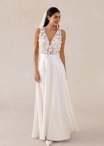 Brautkleid aus gl&auml;nzendem Satin mit Blumen-Applikation, wei&szlig;, Gr&ouml;&szlig;e 46, bonprix