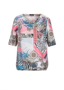 Print-Shirt GOLDNER "Kurzgr&ouml;&szlig;e Elegantes Oberteil mit Wasserfallausschnitt", Damen, Gr. 20, orange (koralle, gemustert), Obermaterial: 95% Polyester PES. 5% Elasthan EL., gerade, Gerade, Shirts Print-Shirt, Gummibund