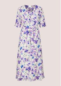 Madeleine Mode Midikleid MADELEINE "Wickelkleid Druckkleid mit floralem Print", Damen, Gr. 44, N-Gr, lila (hellamethyst, multicolor), Obermaterial: 100% Polyester PES., Modern, figurumspielend, V-Ausschnitt, Kleider Midikleid, Kleid in Wickelform und Bindeband, weiter Rockform und R&uuml;ckenteil mit Passse