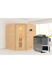 Sauna Karibu "Mia (Fronteinstieg)", beige (naturbelassen), (ohne Ofen), Saunen, Sauna, Ofen 9 kW Bio externe Strg easy