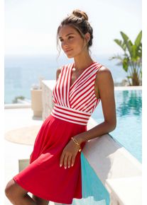 Sommerkleid Lascana "mit Streifenprint, b&uuml;gelfreie Qualit&auml;t, maritim", Damen, Gr. 46, N-Gr, wei&szlig; (wei&szlig;, rot gestreift), Single Jersey, Obermaterial: 95% Polyester, 5% Elasthan, gestreift, unifarben, figurumspielend kniefrei, tiefer V-Ausschnitt, Kleider Sommerkleid, tailliertes Minikleid, Streifenkleid, elegantes Strandkleid, casual, Topseller