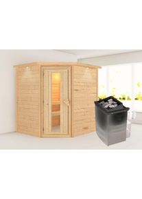 Sauna Karibu "Mia (Fronteinstieg)", beige (naturbelassen), (ohne Ofen), Saunen, Sauna, Ofen 9 kW integr. Strg