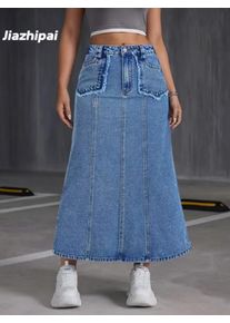Women's Mid-Length Skirt New Style Stretch Denim Fabric with Pockets Joint Bones Feature