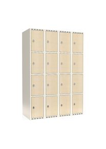 4-vaks lockerkast Fydor, HPL, 4 compartimenten, wit/berkenhout, b 1200 mm, platte dakvorm, hangslot