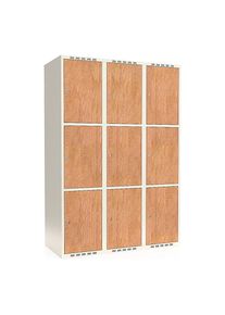 3-vaks lockerkast Fydor, HPL, 3 compartimenten, wit/eikenhout, B 1200 mm, platte dakvorm, cilinderslot