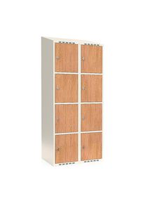 4-vaks lockerkast Fydor, HPL, 2 compartimenten, wit/eikenhout, B 800 mm, schuine dakvorm, hangslot