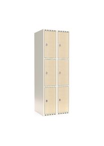 3-vaks lockerkast Fydor, HPL, 2 compartimenten, wit/berkenhout, B 600 mm, platte dakvorm, hangslot