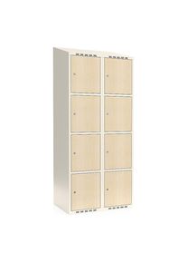4-vaks lockerkast Fydor, HPL, 2 compartimenten, wit/berkenhout, B 800 mm, schuine bovenkant, cilinderslot