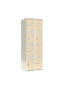 4-vaks lockerkast Fydor, HPL, 2 compartimenten, wit/berkenhout, B 600 mm, platte dakvorm, hangslot