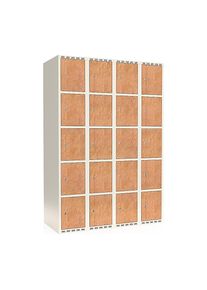 5-vaks lockerkast Fydor, HPL, 4 compartimenten, wit/eikenhout, B 1200 mm, platte dakvorm, cilinderslot