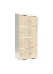 4-vaks lockerkast Fydor, HPL, 2 compartimenten, wit/berkenhout, b 800 mm, schuine dakvorm, hangslot