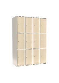 3-vaks lockerkast Fydor, HPL, 4 compartimenten, wit/berkenhout, B 1200 mm, platte dakvorm, cilinderslot