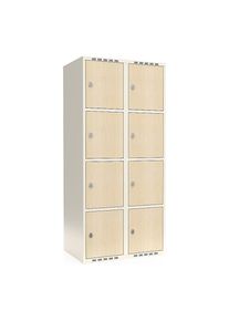 4-vaks lockerkast Fydor, HPL, 2 compartimenten, wit/berkenhout, B 800 mm, platte dakvorm, cilinderslot