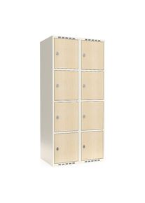 4-vaks lockerkast Fydor, HPL, 2 compartimenten, wit/berkenhout, b 800 mm, platte dakvorm, hangslot