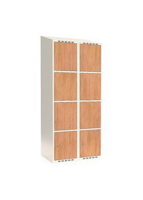 4-vaks lockerkast Fydor, HPL, 2 compartimenten, wit/eikenhout, b 800 mm, schuine bovenkant, cilinderslot
