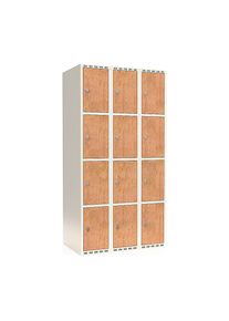 4-vaks lockerkast Fydor, HPL, 3 compartimenten, wit/eikenhout, b 900 mm, platte dakvorm, hangslot
