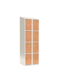 4-vaks lockerkast Fydor, HPL, 2 compartimenten, wit/eikenhout, B 600 mm, schuin dak, cilinderslot