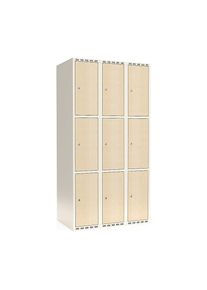3-vaks lockerkast Fydor, HPL, 3 compartimenten, wit/berkenhout, B 900 mm, platte dakvorm, cilinderslot