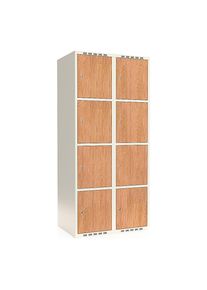 4-vaks lockerkast Fydor, HPL, 2 compartimenten, wit/eikenhout, b 800 mm, platte dakvorm, cilinderslot
