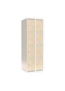 4-vaks lockerkast Fydor, HPL, 2 compartimenten, wit/berkenhout, B 600 mm, platte dakvorm, cilinderslot