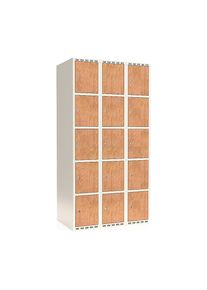 5-vaks lockerkast Fydor, HPL, 3 compartimenten, wit/eikenhout, B 900 mm, platte dakvorm, cilinderslot