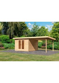 Gartenhaus Karibu "Rabensee 1", beige (naturbelassen), Holzwerkstoff, Gartenh&auml;user, Gartenhaus, mit Anbaudach 3,30 m, naturbelassen
