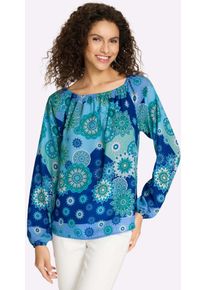 Langarmbluse Heine, Damen, Gr. 38, royalblau, gr&uuml;n, bedruckt, 100% Polyester, bedruckt, gebl&uuml;mt, gemustert, mehrfarbig, Rundhals, Blusen Langarmbluse