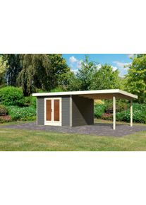 Gartenhaus Karibu "Rabensee 1", grau (terragrau), Holzwerkstoff, Gartenh&auml;user, Gartenhaus, mit Anbaudach 3,30 m, terragrau
