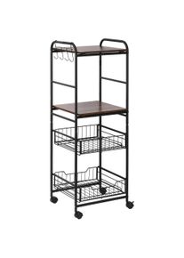 HOMCOM 4-Tier Rolling Kitchen Cart with 2 Baskets, Shelves and Side Hooks, 40 x 38 x 111 cm, walnut | Aosom Ireland