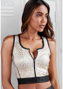 active by Lascana Crop-Top LASCANA ACTIVE, Damen, Gr. XS (32/34), wei&szlig; (gold, wei&szlig;), Jersey, Obermaterial: 85% Polyester, 15% Elasthan, bedruckt, figurbetont bauchfrei, Rundhals, Tops Crop-Top, Sporttop mit gl&auml;nzendem Animalprint und 3D-Schriftzug auf dem Bund