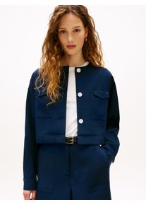 Kurzblazer Tommy Hilfiger "TAILORED UTILITY CROPPED JACKET", Damen, Gr. 46, blau (schwarz night navy), Web, Obermaterial: 77% Viskose, 23% Nylon, unifarben, gerade h&uuml;ftlang, Rundhals, 1-Knopf-Manschette mit Schlitz, Blazer Kurzblazer, Boxy Fit, ohne Kragen
