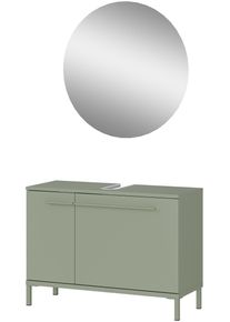 Badm&ouml;bel-Set Germania "Laurino", taupegr&uuml;n, B:80cm H:200cm T:34cm, Glas, Holzwerkstoff, Metall, Kastenm&ouml;bel-Sets, Badm&ouml;bel-Set, mehrteiliges Set mit Waschbeckenunterschrank und rundem Spiegel