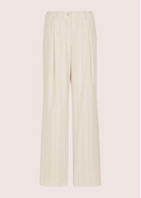 Madeleine Mode Bundfaltenhose MADELEINE "Bundfaltenhose Stoffhose mit Nadelstreifen", Damen, Gr. 42, N + K Gr, perlwei&szlig;, beige, melange, Obermaterial: 73% Polyester PES. 24% Viskose CV. 3% Elasthan EL., Modern, weit, Hosen Bundfaltenhose, Weite Nadelstreifenhose mit Bundfalte